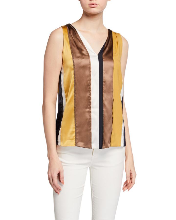 V-neck Sleeveless Striped Paneled Top W/