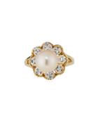 14k Yellow Gold Pearl & Diamond Floral Ring,