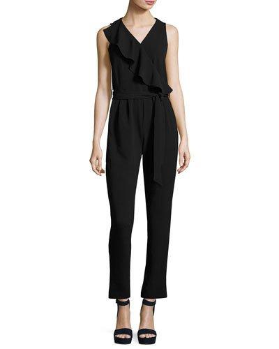 Asymmetric-ruffle Belted Jumpsuit, Black