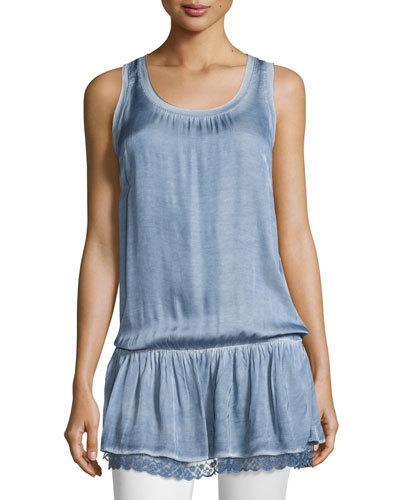 Lace-trim Velvet Tank, Azul Petroleo