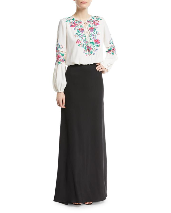 Embroidered Self-tie Floral Crepe Dress