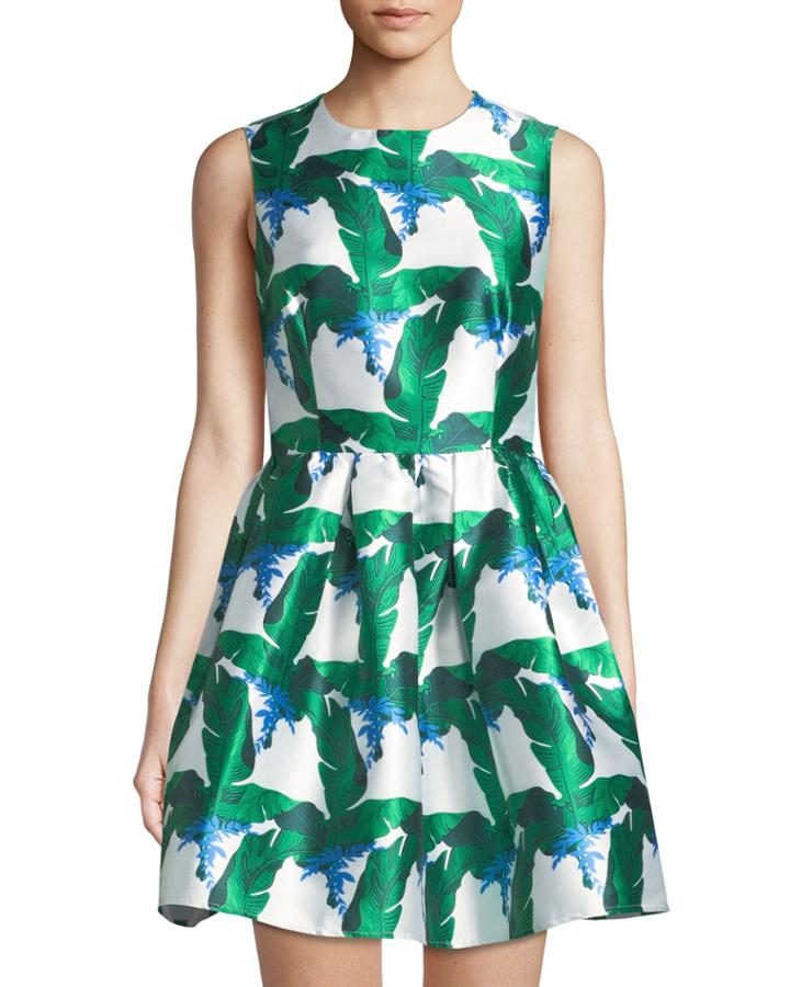 Palm-print Mikado Fit-&-flare Dress