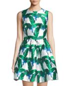 Palm-print Mikado Fit-&-flare Dress