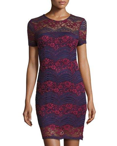 Short-sleeve Lace Sheath Dress, Burgundy