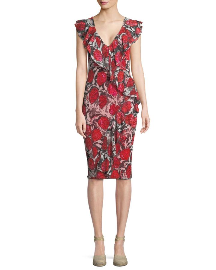 Rose-print Ruffle V-neck Dress