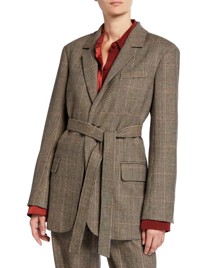 Glen Plaid Belted Menswear Blazer