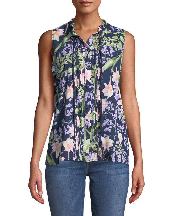 Sleeveless Floral-print Pintucked Tie-neck Top