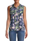 Sleeveless Floral-print Pintucked Tie-neck Top