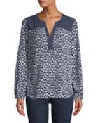 Mixed-print Peasant Blouse, Blue