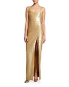 Mineo Sequin Column Gown W/ Thigh