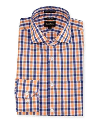 Trim-fit Regular-finish Plaid Dress Shirt, Orange/blue