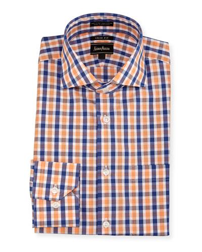 Trim-fit Regular-finish Plaid Dress Shirt, Orange/blue