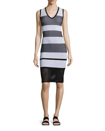 Striped Pointelle V-neck Dress, Caviar/bianco