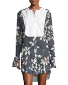 Floral-print Mother Of Pearl Button-front Semisheer Coverup Tunic