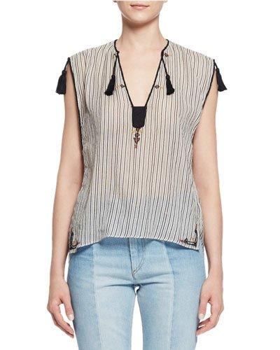 Judith Sleeveless Striped Tassel Top, Ecru
