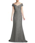 V-neck A-line Speckled Tweed Evening Gown