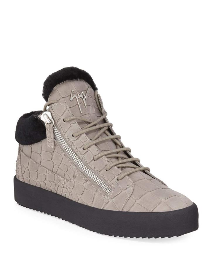 Men's Crocodile-print Shearling-lined Leather Mid-top