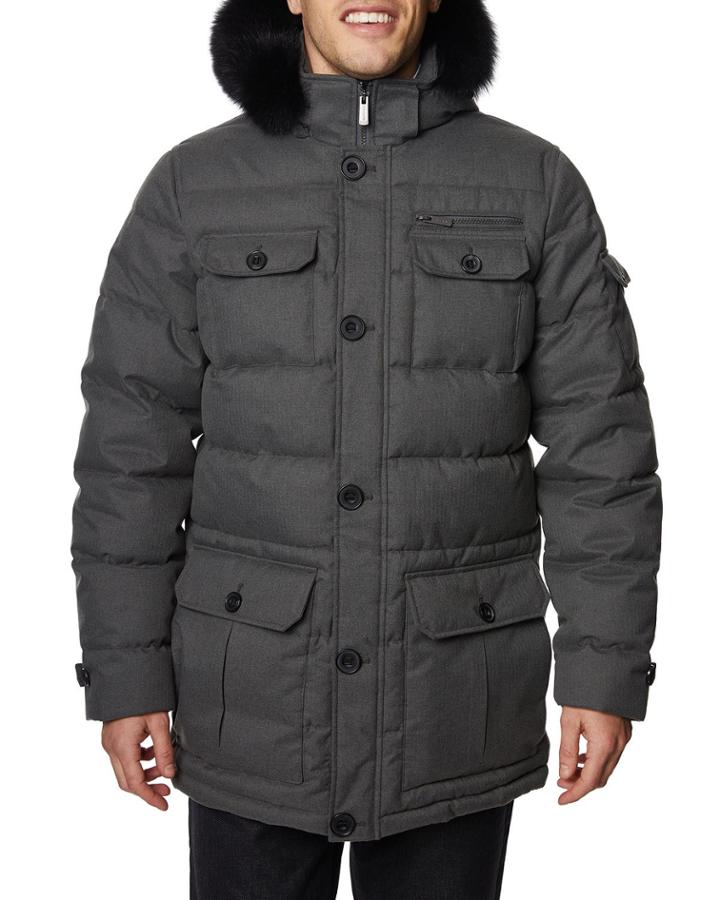 Men's Quilted Button-down Hooded Parka W/ Fox Fur Trim