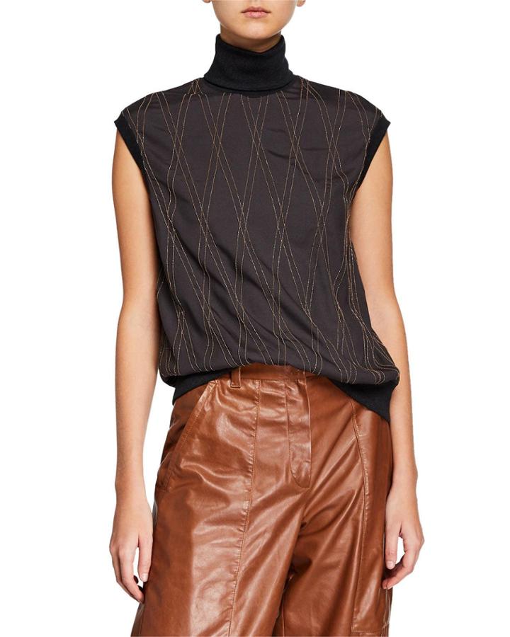 Sleeveless Monili-beaded Argyle Turtleneck