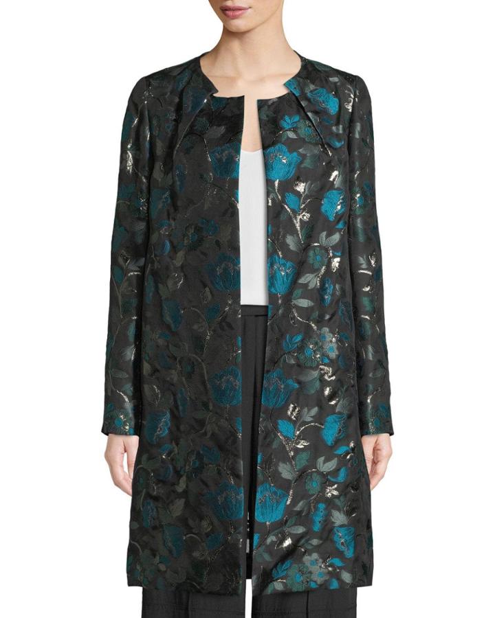 Open-front Metallic Floral-jacquard Coat