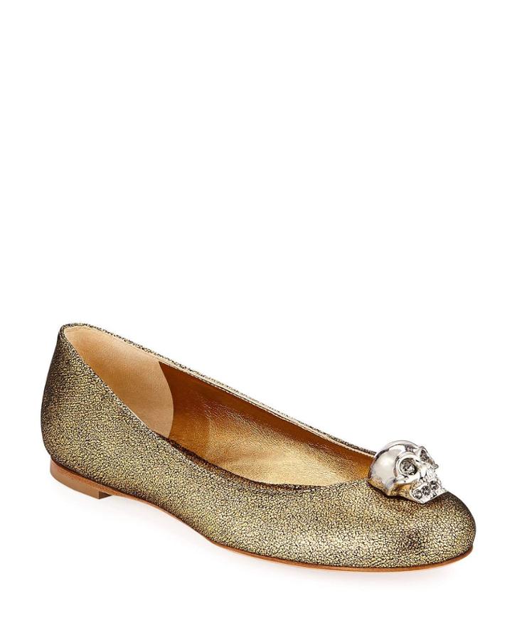 Skull Ornamented Metallic Ballet Flats