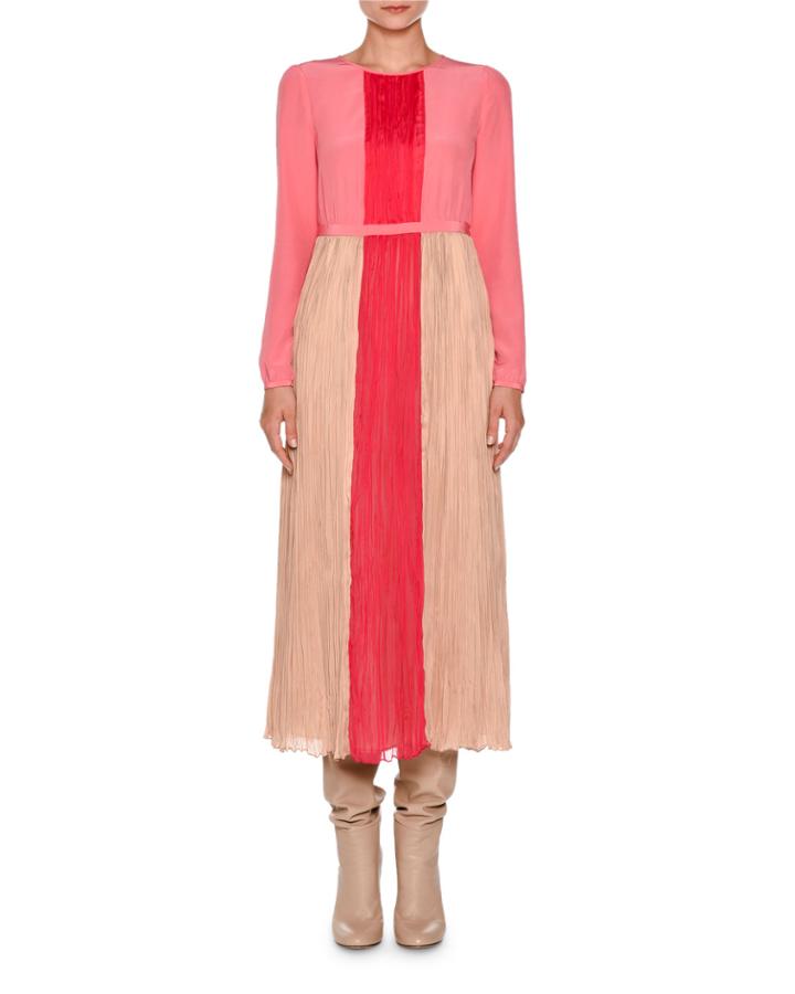 Long-sleeve Pleated Charmeuse Midi Dress, Nude/hibiscus/pink