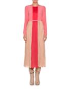 Long-sleeve Pleated Charmeuse Midi Dress, Nude/hibiscus/pink