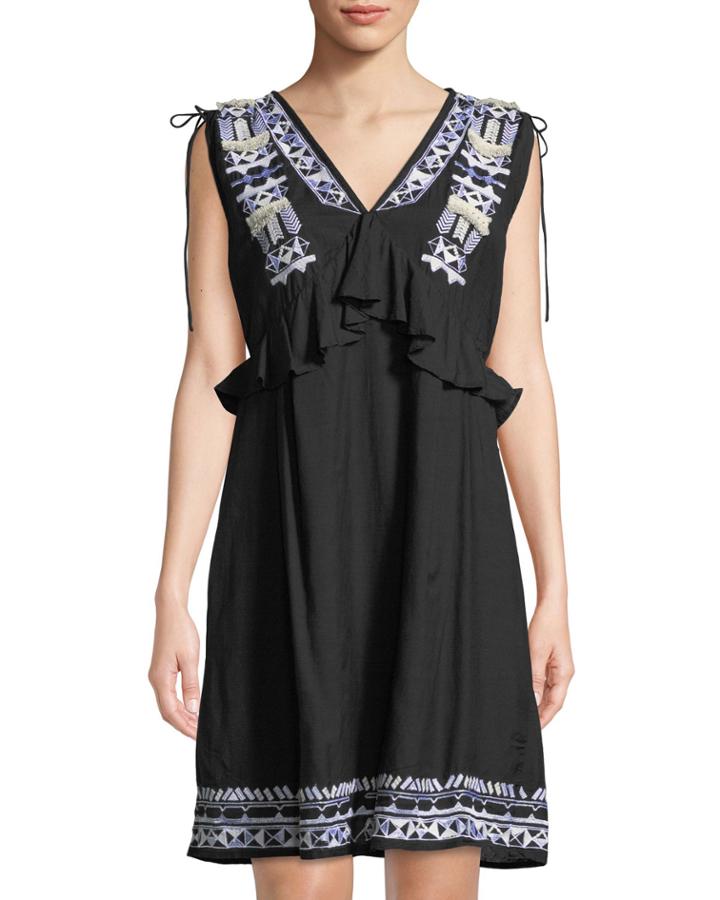 V-neck Drawstring-shoulders Sleeveless Embroidered Shift Cotton Dress