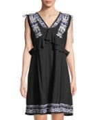 V-neck Drawstring-shoulders Sleeveless Embroidered Shift Cotton Dress