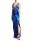 Sleeveless Two-tone Stretch Mikado Column Gown W/ Beaded Bodice & Drape