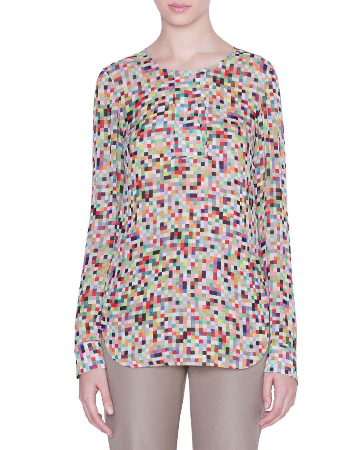 Pixel-print Ruffled-sleeve Blouse