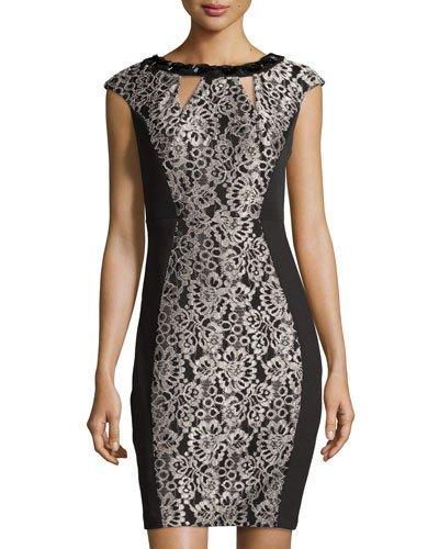 Embellished Lace Sheath Dress, Black/stone