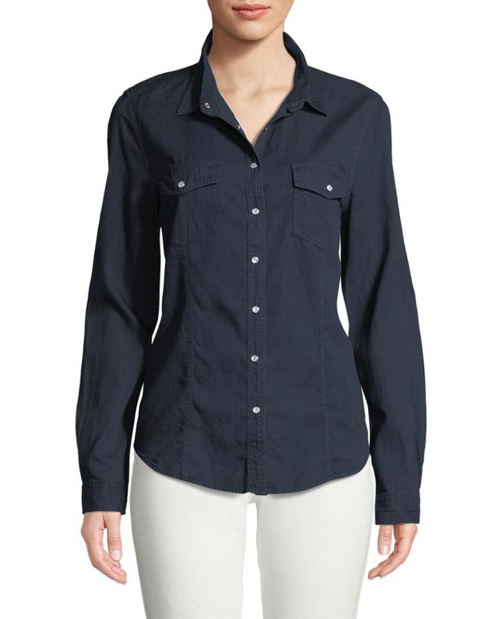 Pearly Snap-front Denim Pocket Blouse