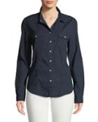 Pearly Snap-front Denim Pocket Blouse