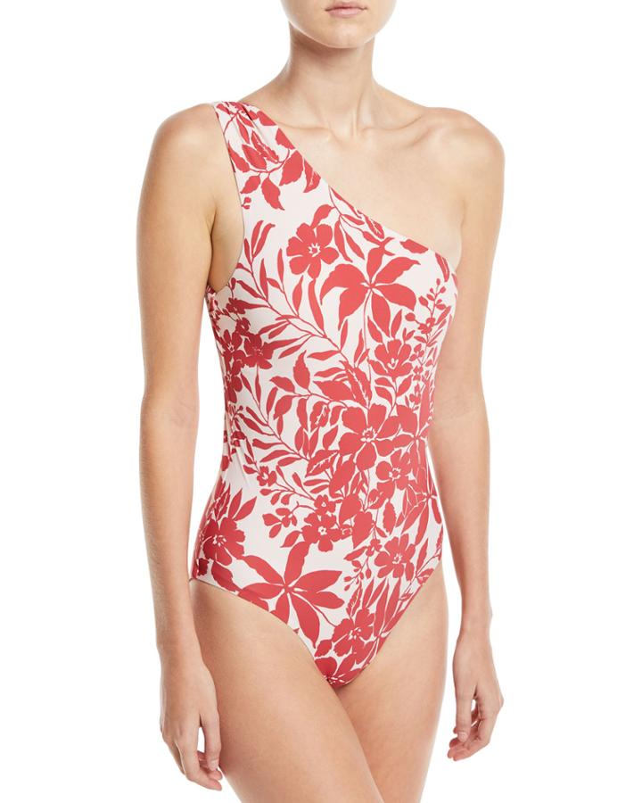 Shirred One-shoulder Floral-print One-piece Maillot