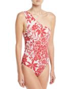 Shirred One-shoulder Floral-print One-piece Maillot