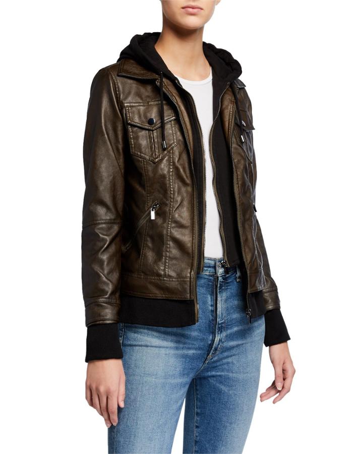 Faux Leather Knit Hooded Jacket