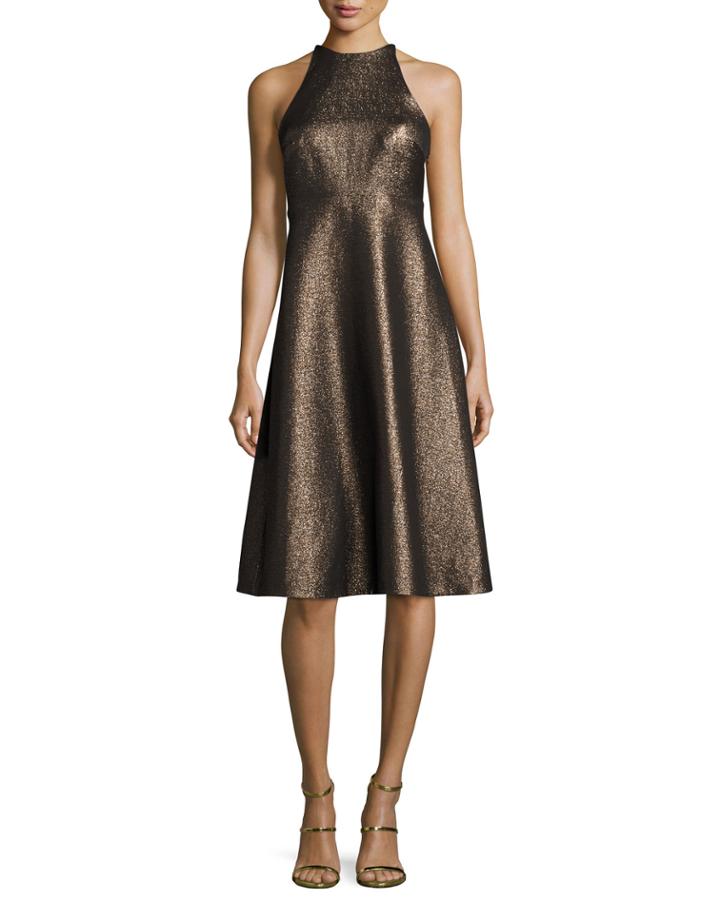 Sleeveless Metallic Halter Jacquard Cocktail Dress