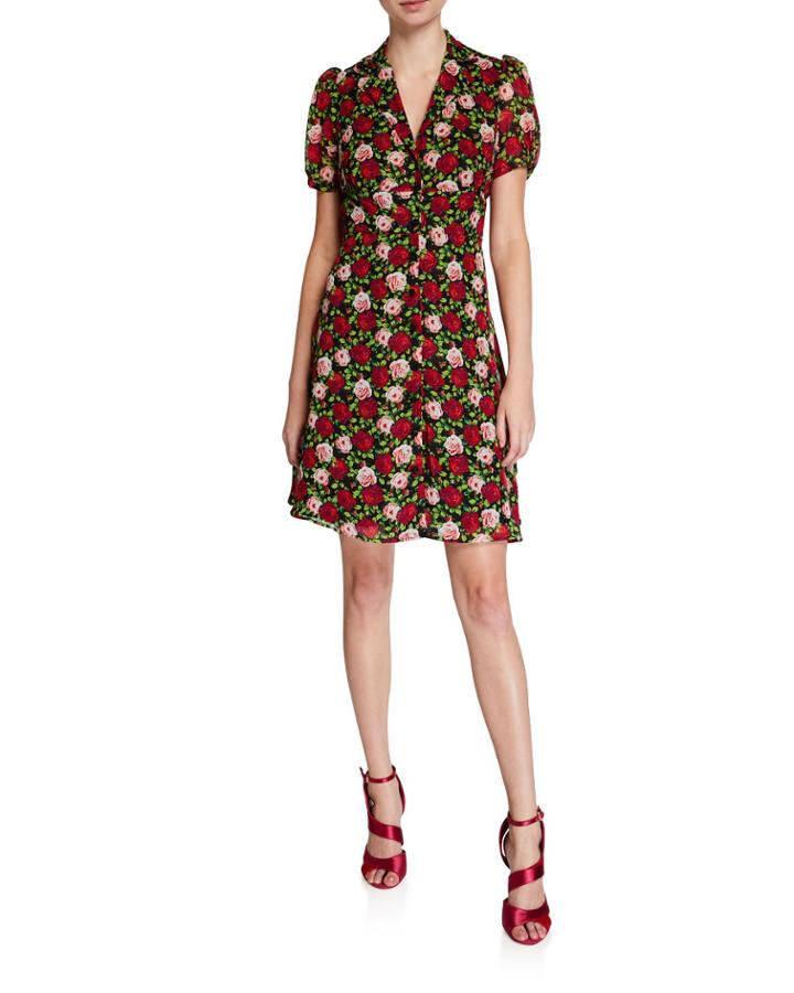Mini Floating Roses Button-front Dress