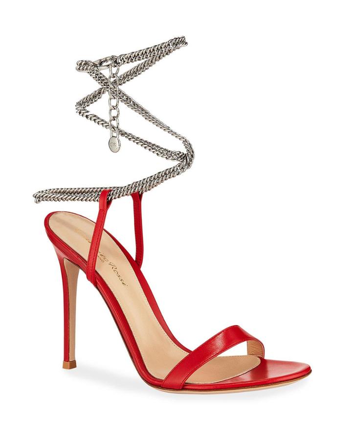 Leather Sandals With Ankle Chain, Red