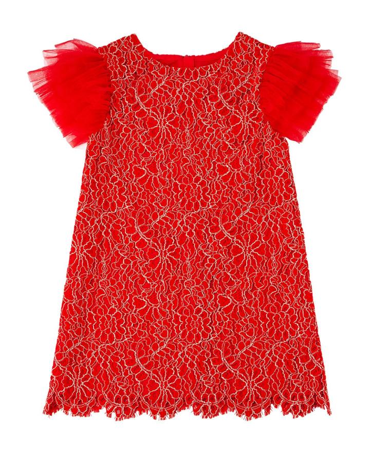 Woven Lace Dress W/ Tulle Flutter Sleeves,