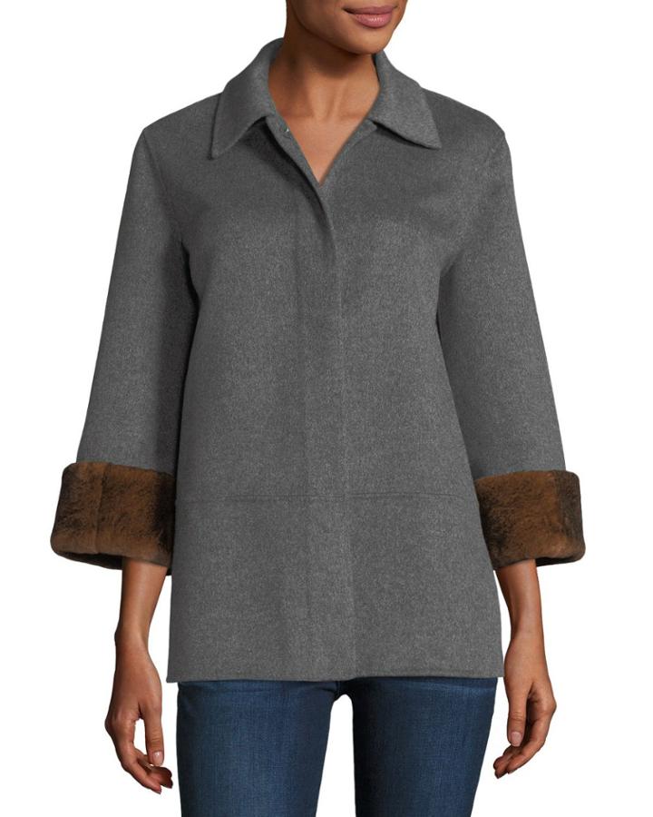 Luxury Double-faced Cashmere Cropped Jacket W/ Rabbit Fur Cuffs