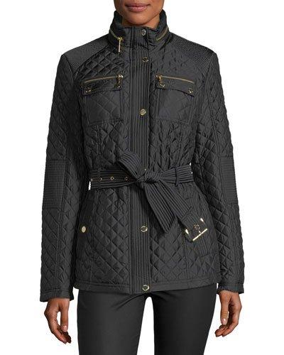 Belted Zip-front Quilted Coat