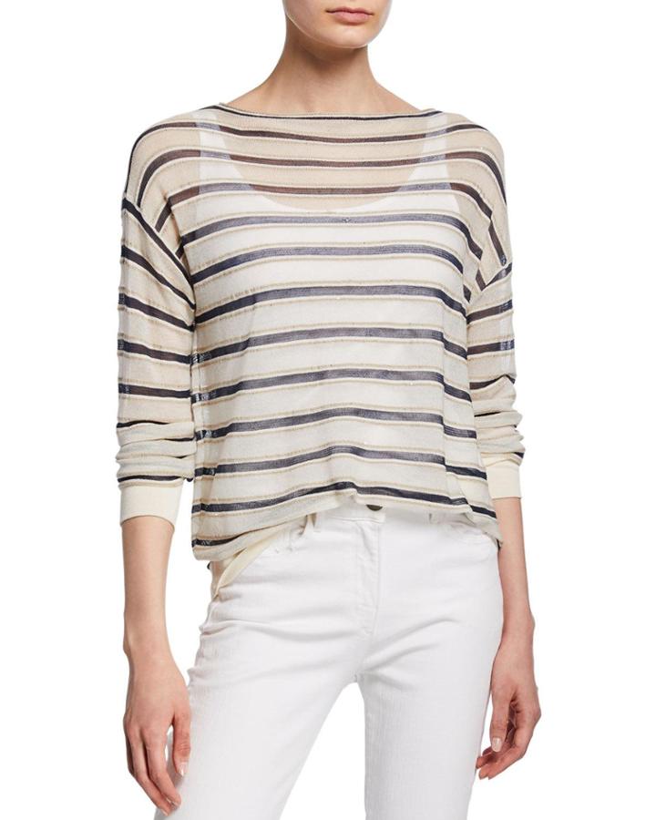 Striped Finespun Voile Bateau-neck Long-sleeve Pullover