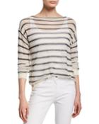 Striped Finespun Voile Bateau-neck Long-sleeve Pullover