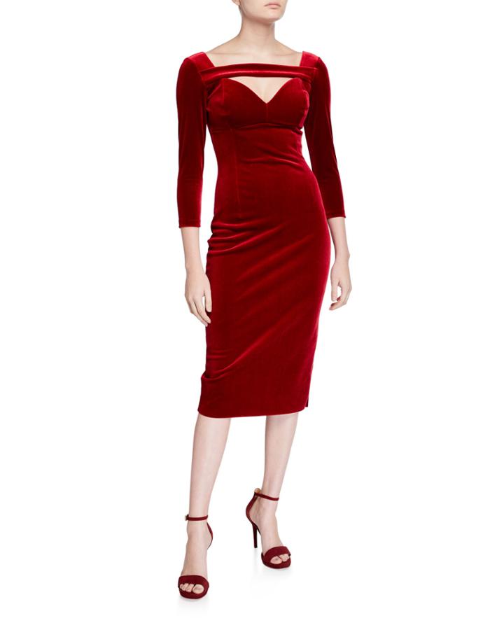 Velvet 3/4-sleeve Deep-neck Dress