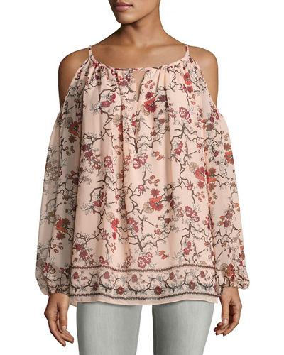 Floral-print Georgette Cold-shoulder Blouse