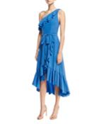 Damica One-shoulder Wrap Silk Midi Dress With Ruffled Frills