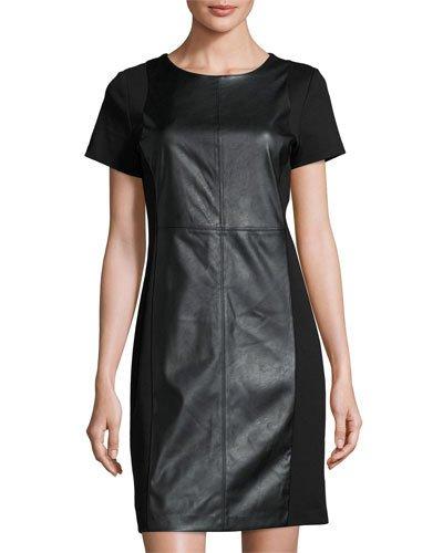 Faux-leather Ponte Sheath Dress, Black