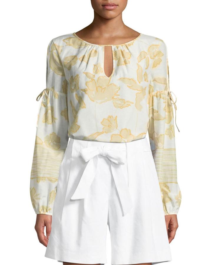 Outlined Painted Floral Silk Peasant Blouse